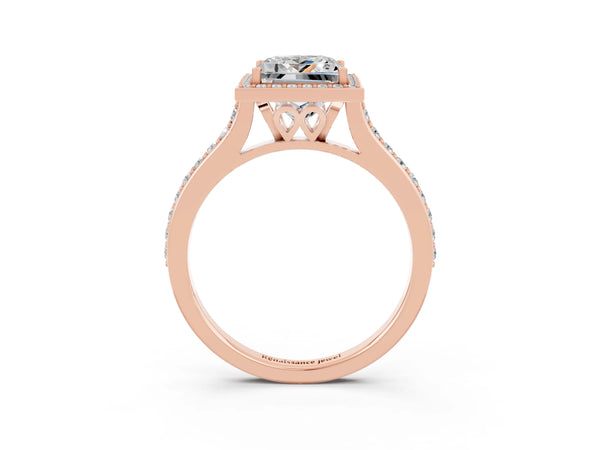Rose gold Princess Cut Moissanite Halo Engagement Ring with Round Pavé Shoulders and Prong Setting