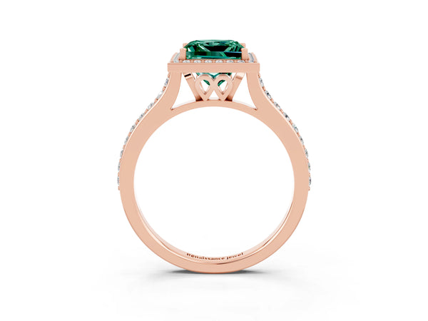 Rose gold Princess Cut Green Sapphire Halo Engagement Ring with Round Pavé Shoulders and Prong Setting