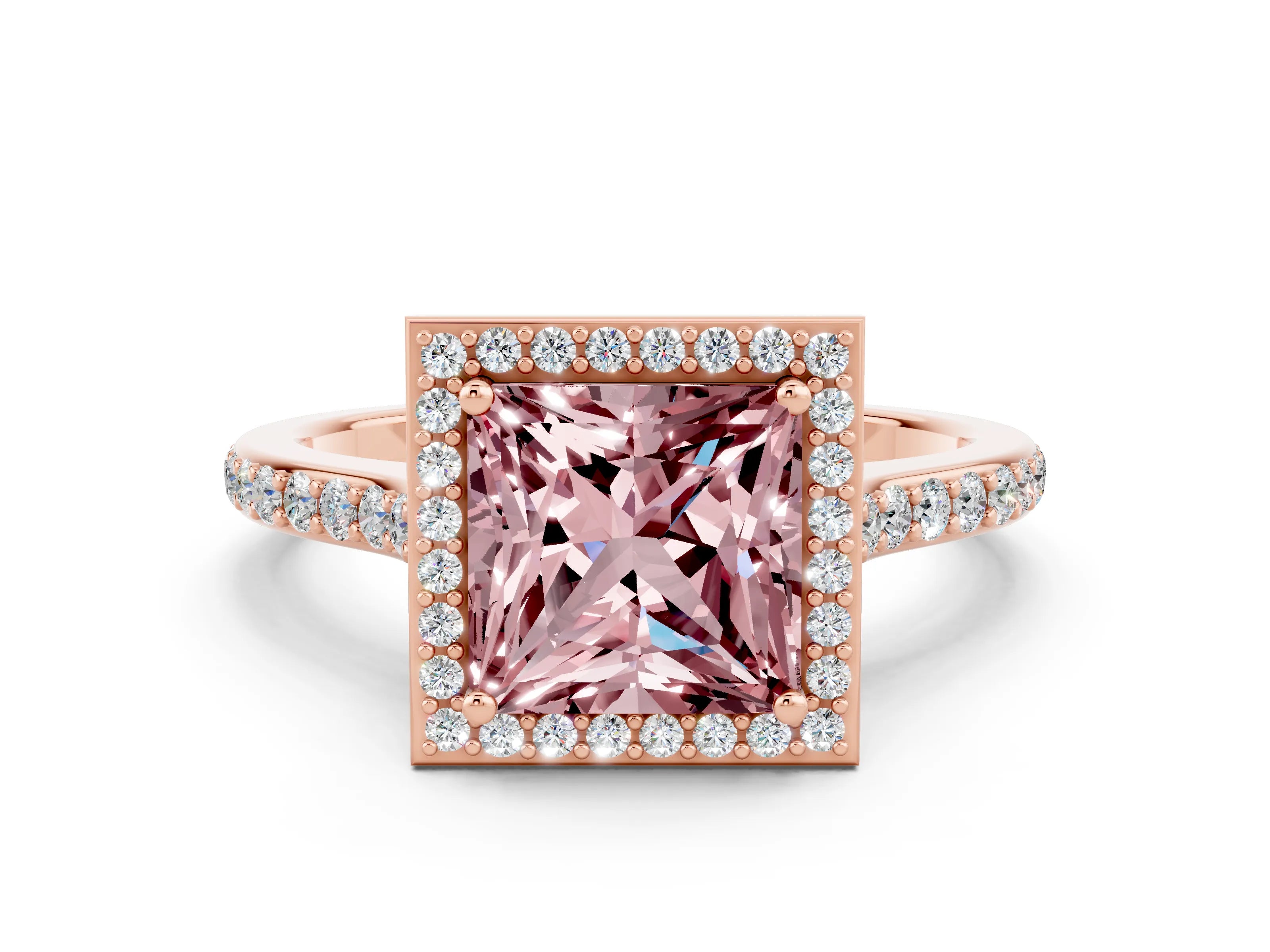 Rose gold Princess Cut Halo Round Diamond Pavé Band with Four-Prong Setting