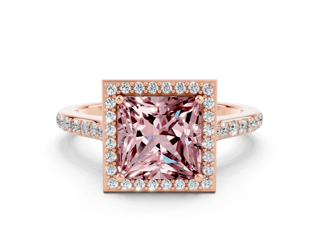 Rose gold Princess Cut Halo Round Diamond Pavé Band with Four-Prong Setting