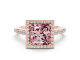 Rose gold Princess Cut Halo Round Diamond Pavé Band with Four-Prong Setting