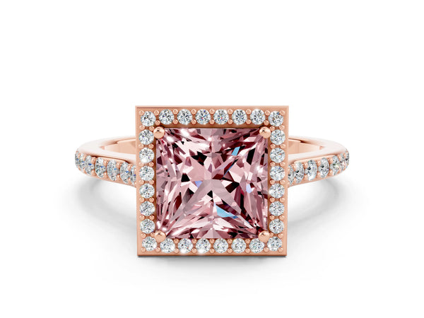 Rose gold Princess Cut Halo Round Diamond Pavé Band with Four-Prong Setting