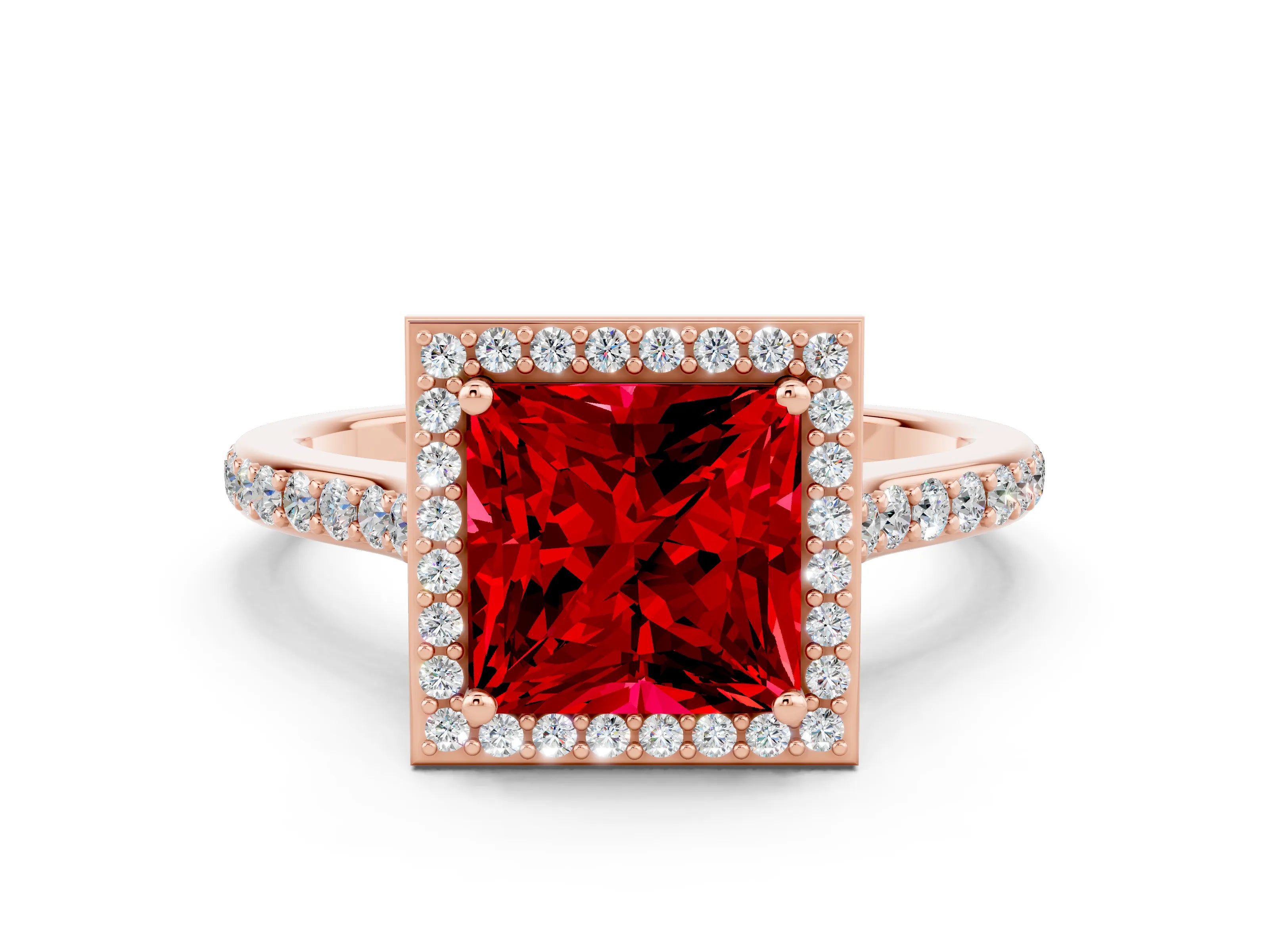 Rose gold Princess Cut Halo Round Diamond Pavé Band with Four-Prong Setting