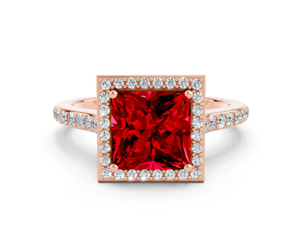 Rose gold Princess Cut Halo Round Diamond Pavé Band with Four-Prong Setting