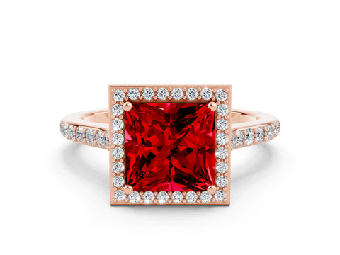 Rose gold Princess Cut Halo Round Diamond Pavé Band with Four-Prong Setting