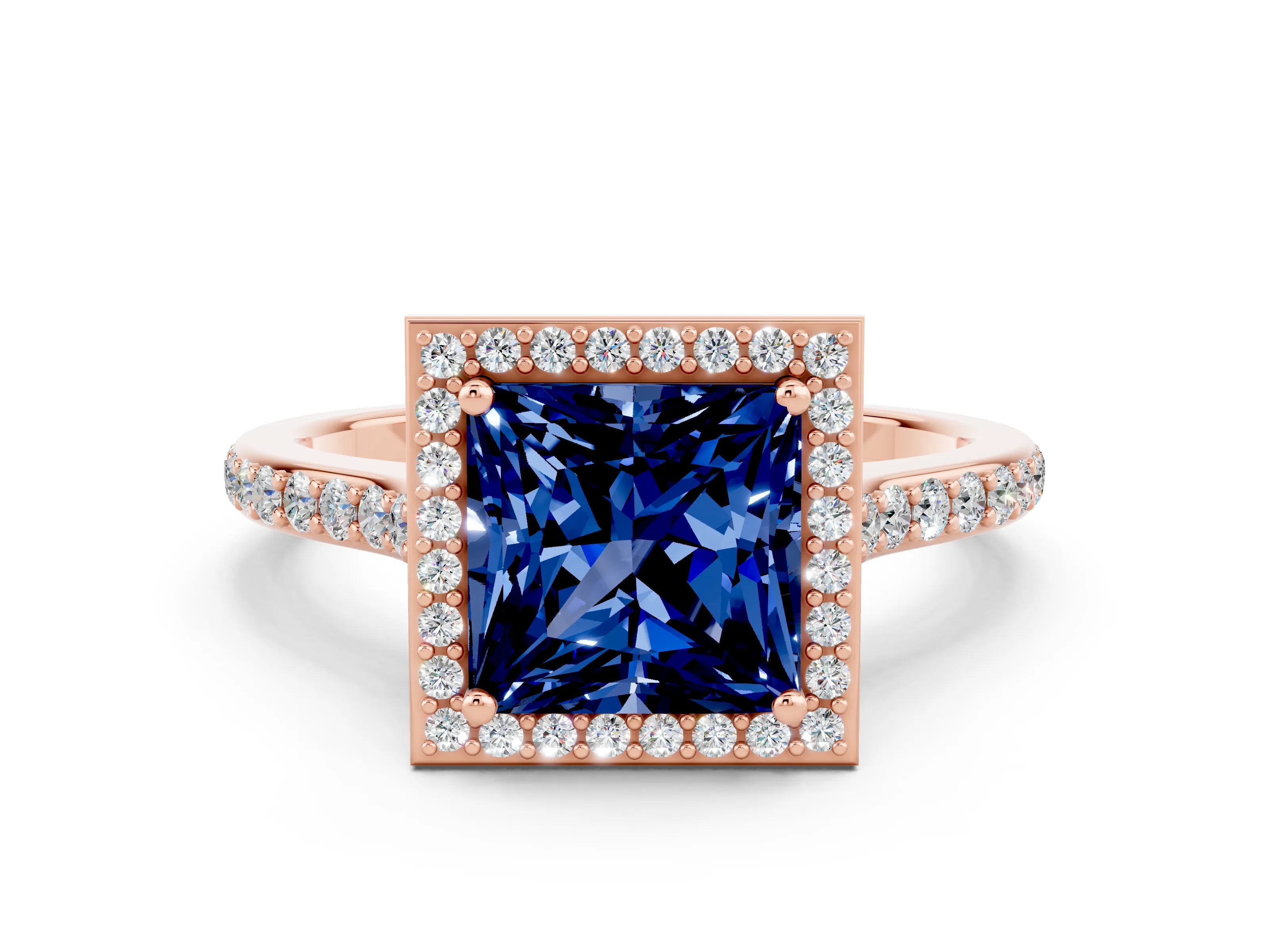 Rose gold Princess Cut Halo Round Diamond Pavé Band with Four-Prong Setting