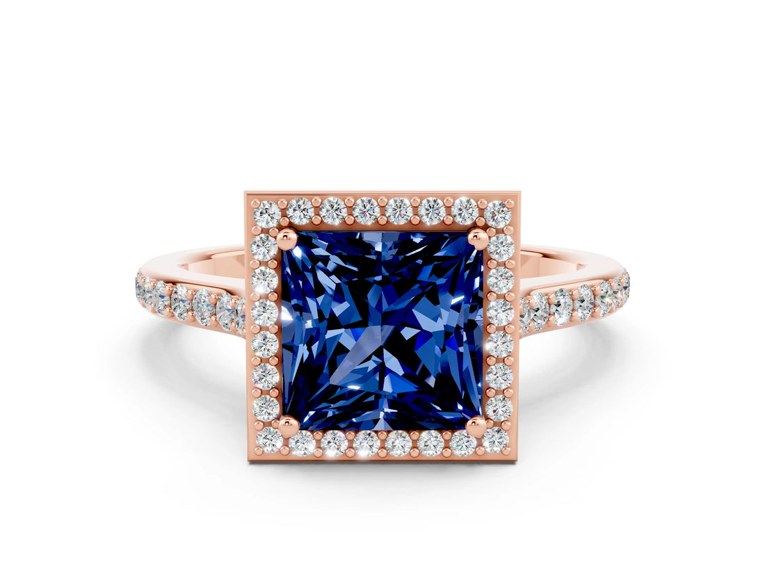 Rose gold Princess Cut Halo Round Diamond Pavé Band with Four-Prong Setting