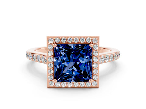 Rose gold Princess Cut Halo Round Diamond Pavé Band with Four-Prong Setting
