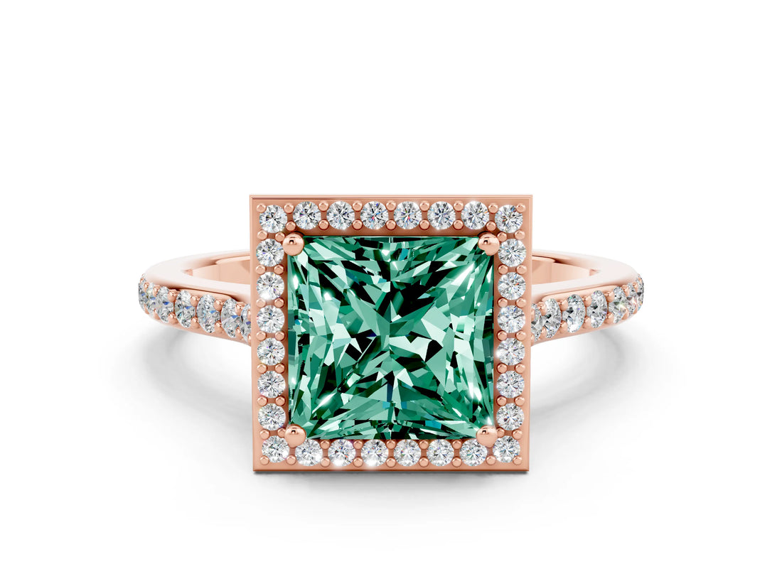 Rose gold Princess Cut Halo Round Diamond Pavé Band with Four-Prong Setting