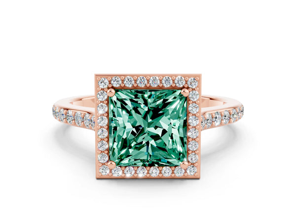 Rose gold Princess Cut Green Sapphire Halo Engagement Ring with Round Pavé Shoulders and Prong Setting