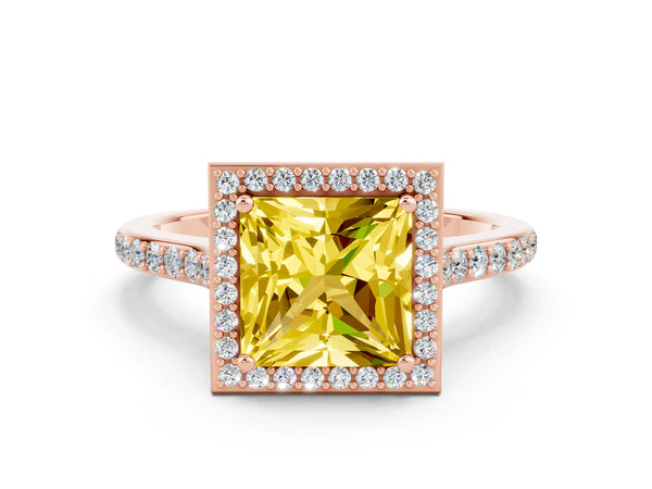 Rose gold Princess Cut Yellow Sapphire Halo Engagement Ring with Round Pavé Shoulders and Prong Setting