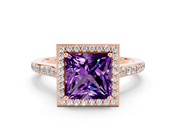 Rose gold Princess Cut Amethyst Halo Engagement Ring with Round Pavé Shoulders and Prong Setting
