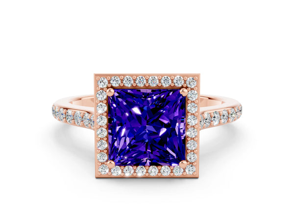 Rose gold Princess Cut Tanzanite Halo Engagement Ring with Round Pavé Shoulders and Prong Setting