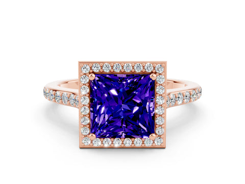 Rose gold Princess Cut Halo Round Diamond Pavé Band with Four-Prong Setting