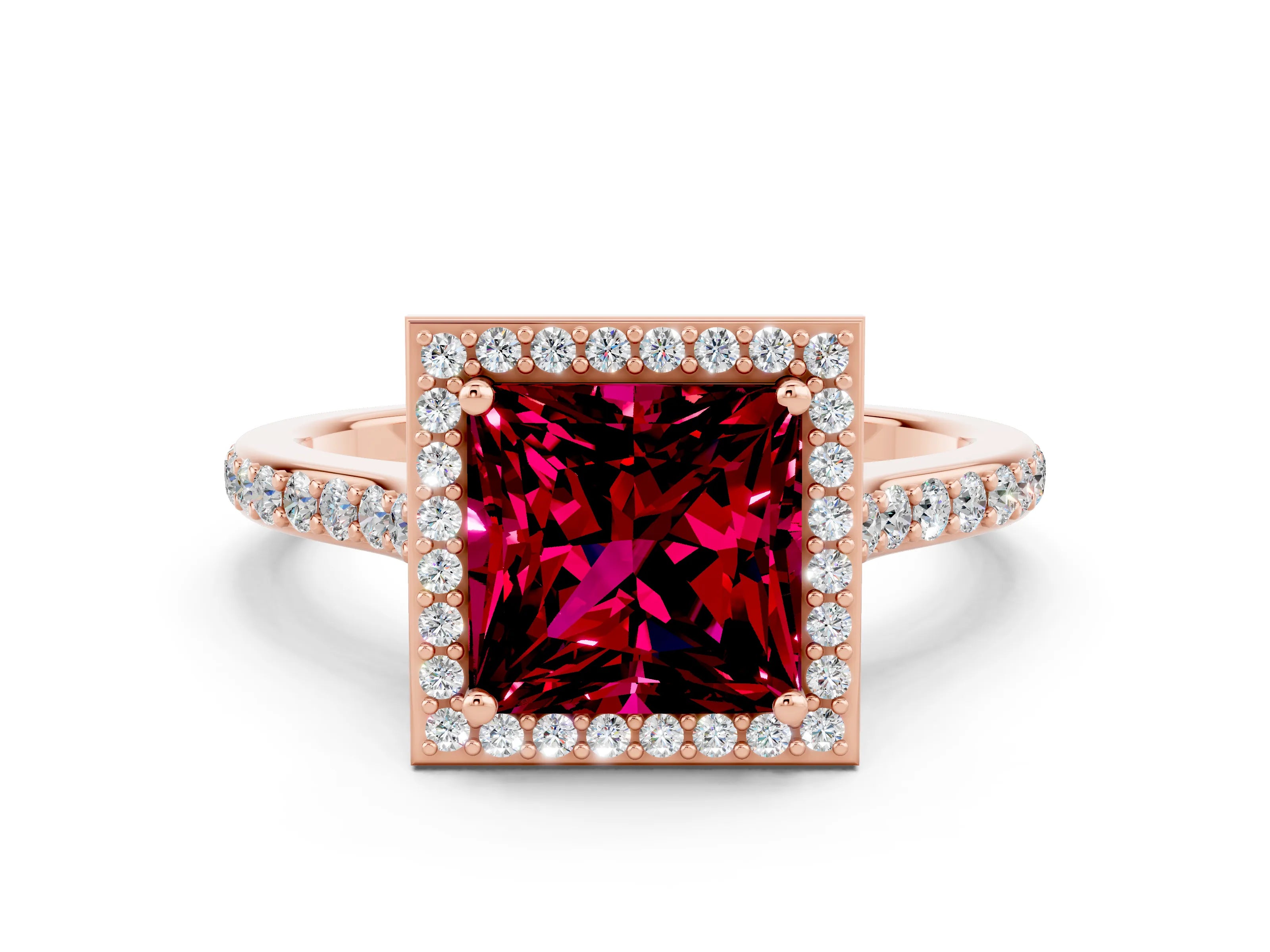 Rose gold Princess Cut Halo Round Diamond Pavé Band with Four-Prong Setting