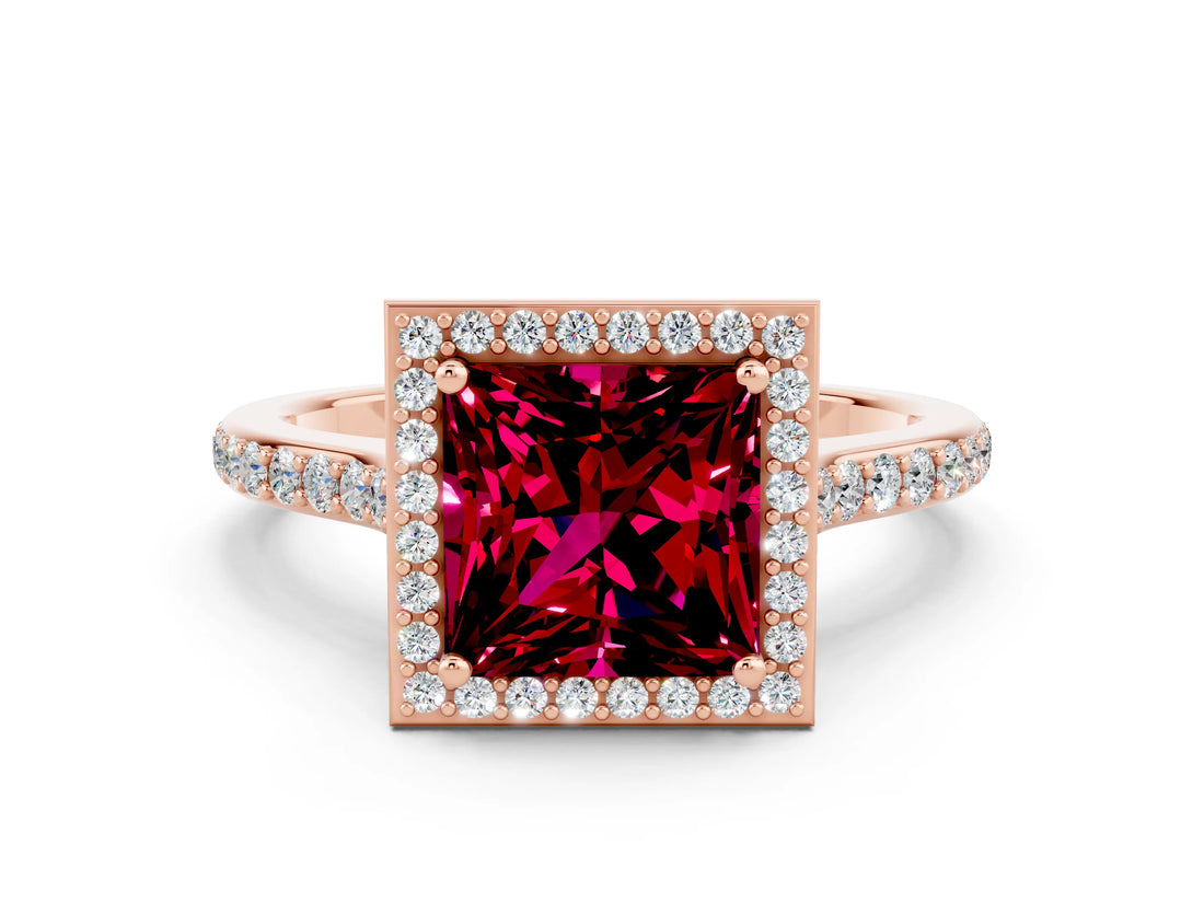 Rose gold Princess Cut Halo Round Diamond Pavé Band with Four-Prong Setting