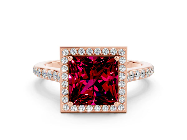 Rose gold Princess Cut Garnet Halo Engagement Ring with Round Pavé Shoulders and Prong Setting