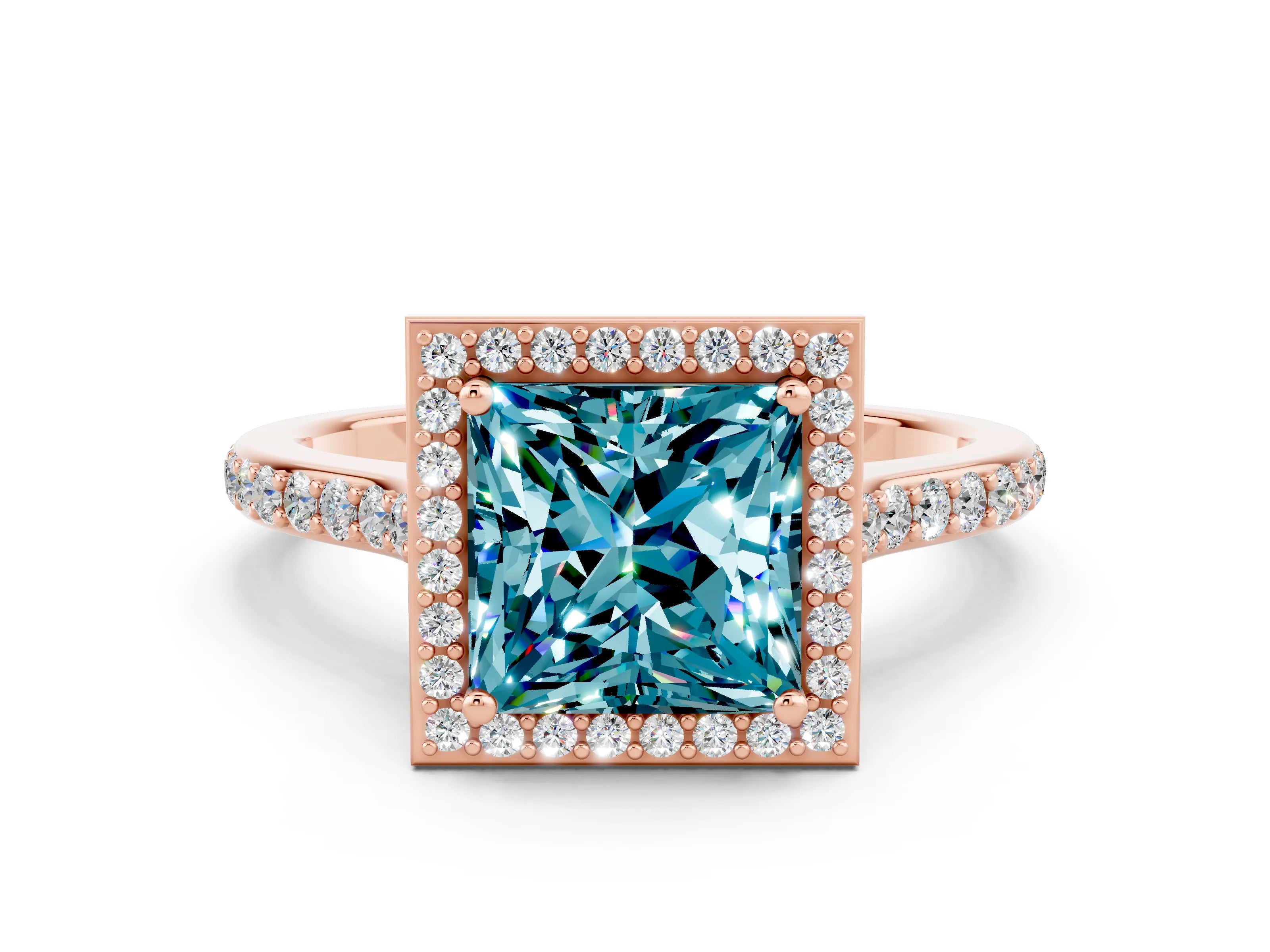 Rose gold Princess Cut Halo Round Diamond Pavé Band with Four-Prong Setting