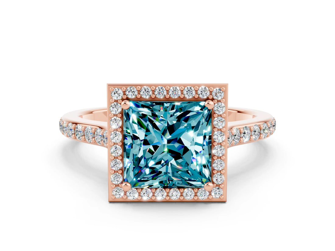 Rose gold Princess Cut Halo Round Diamond Pavé Band with Four-Prong Setting