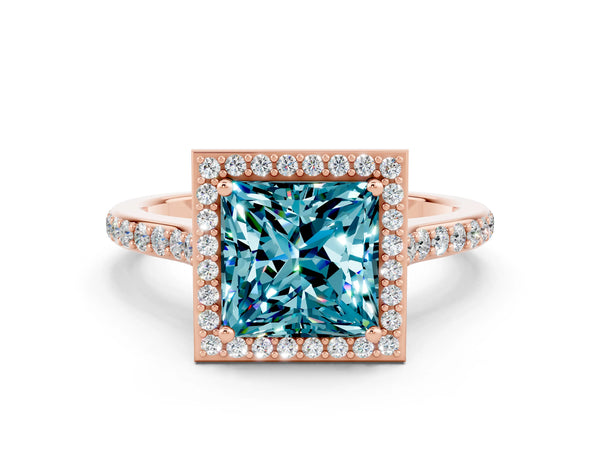Rose gold Princess Cut Halo Round Diamond Pavé Band with Four-Prong Setting