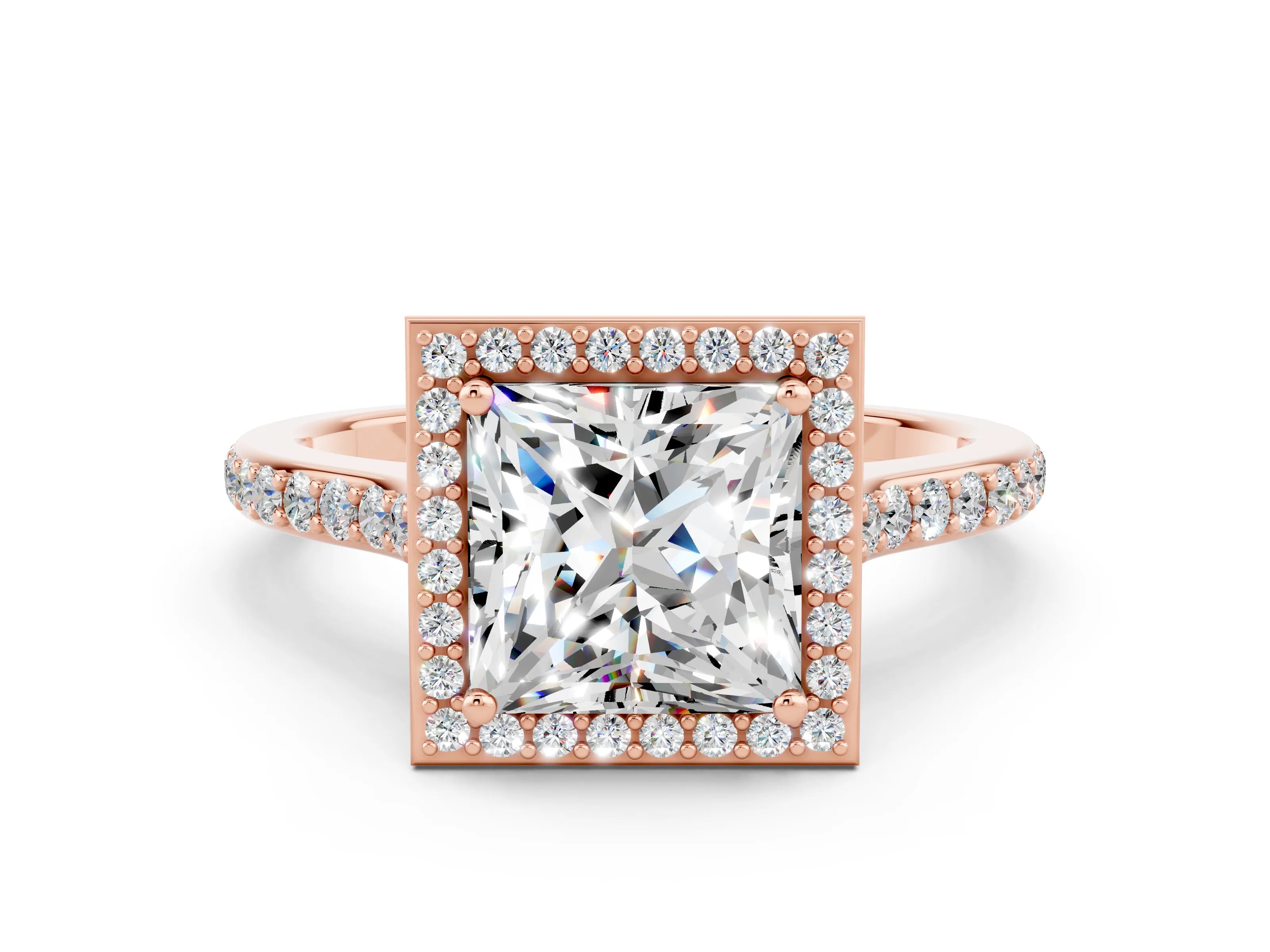 Rose gold Princess Cut Halo Round Diamond Pavé Band with Four-Prong Setting