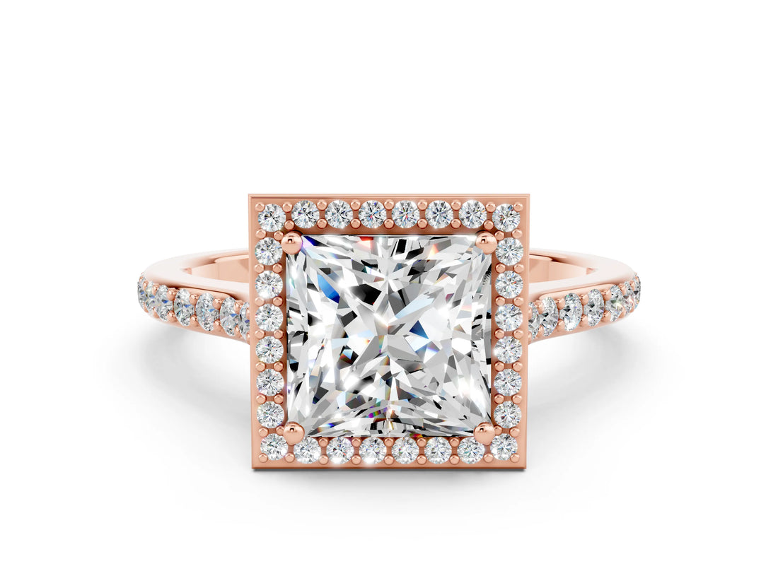 Rose gold Princess Cut Halo Round Diamond Pavé Band with Four-Prong Setting