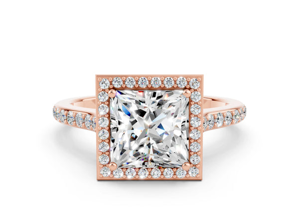 Rose gold Princess Cut Moissanite Halo Engagement Ring with Round Pavé Shoulders and Prong Setting