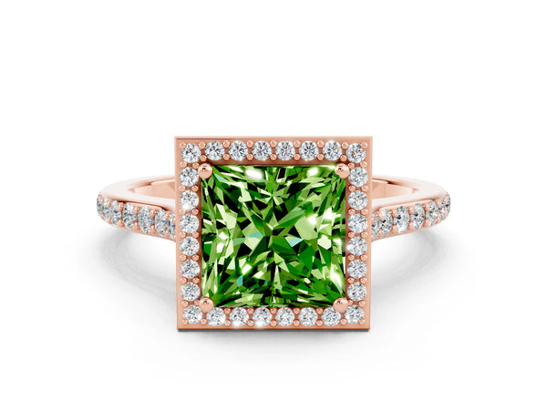 Rose gold Princess Cut Halo Round Diamond Pavé Band with Four-Prong Setting