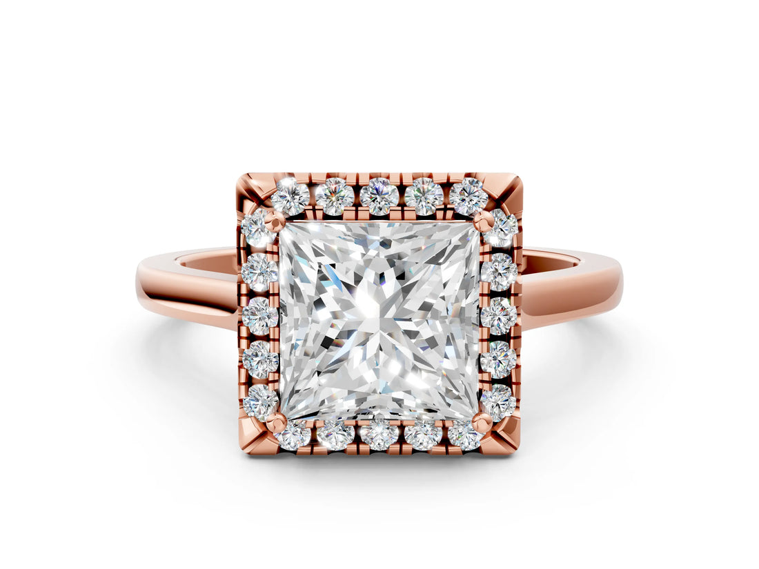 Rose gold Princess Cut Halo Round Diamond Solitaire Ring with Pavé Band and Four-Prong Setting