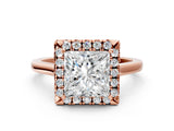 Rose gold Princess Cut Halo Round Diamond Solitaire Ring with Pavé Band and Four-Prong Setting