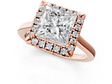 Rose gold Princess Cut Halo Round Diamond Solitaire Ring with Pavé Band and Four-Prong Setting_1