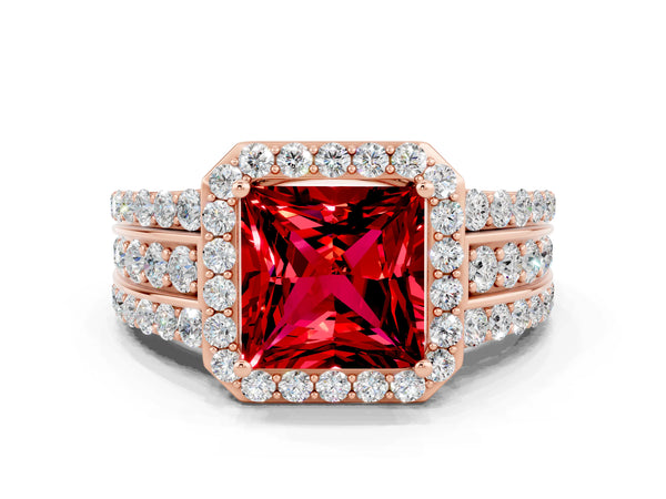 Rose gold Princess Cut Halo Ruby Ring with Round  Split Shank and Prong Setting