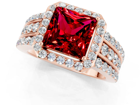 Rose gold Princess Cut Halo Ruby Ring with Split Shank and Four-Prong Setting_1