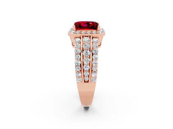 Rose gold Princess Cut Halo Ruby Ring with Round  Split Shank and Prong Setting