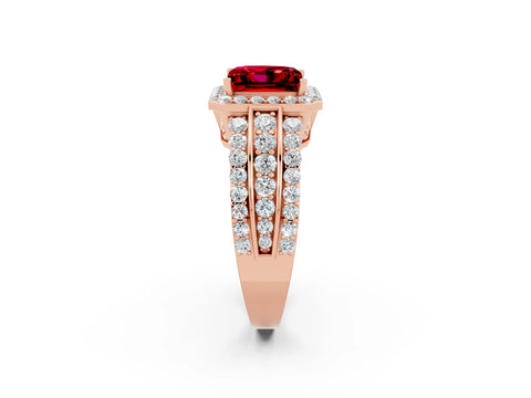 Rose gold Princess Cut Halo Ruby Ring with Split Shank and Four-Prong Setting_2