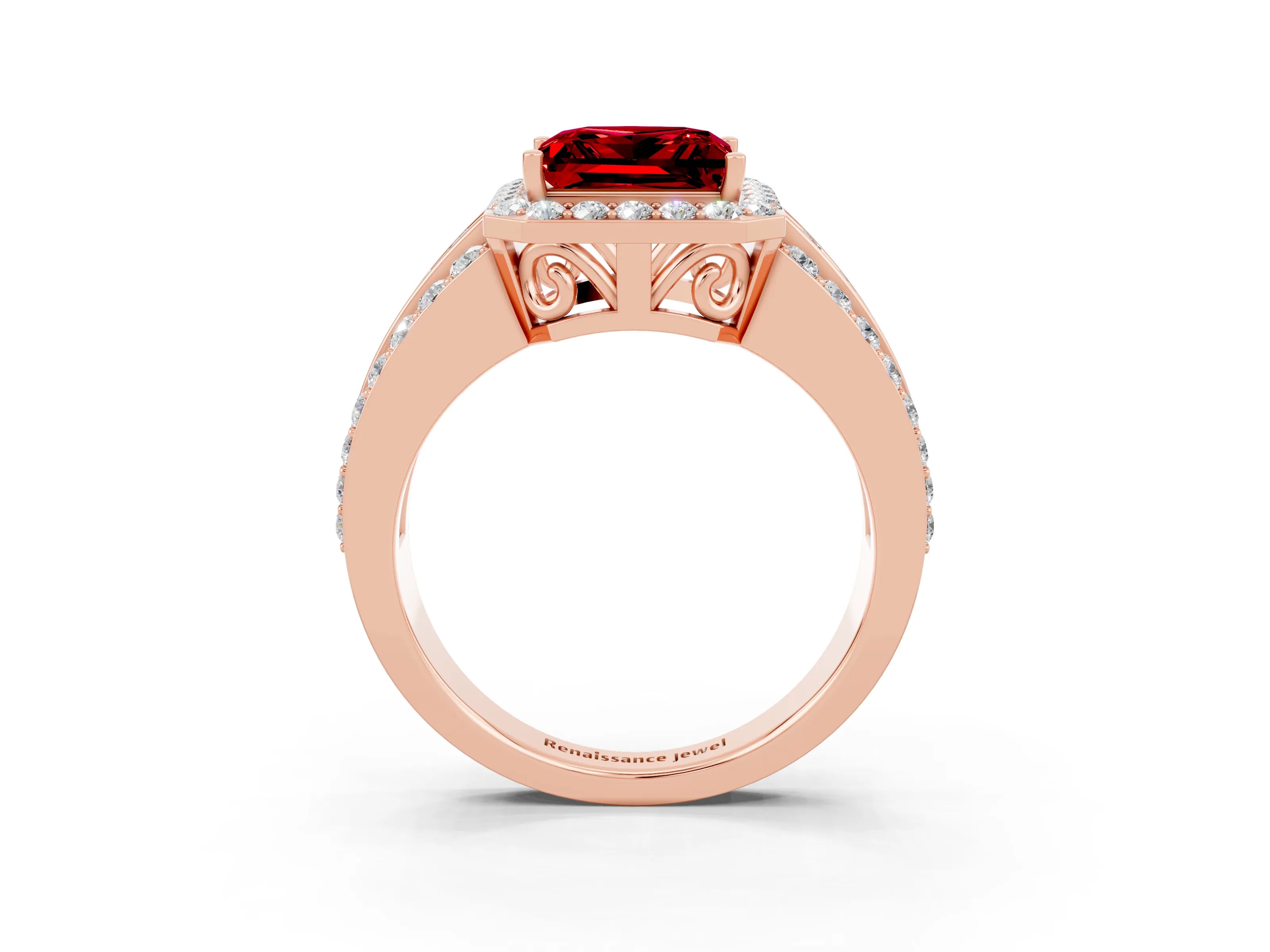 Rose gold Princess Cut Halo Ruby Ring with Split Shank and Four-Prong Setting_3
