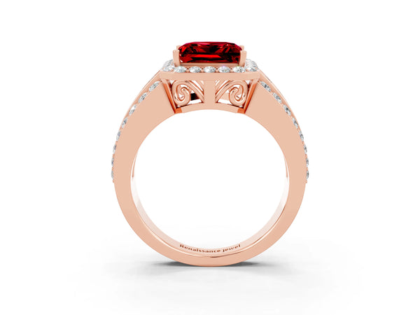 Rose gold Princess Cut Halo Ruby Ring with Round  Split Shank and Prong Setting