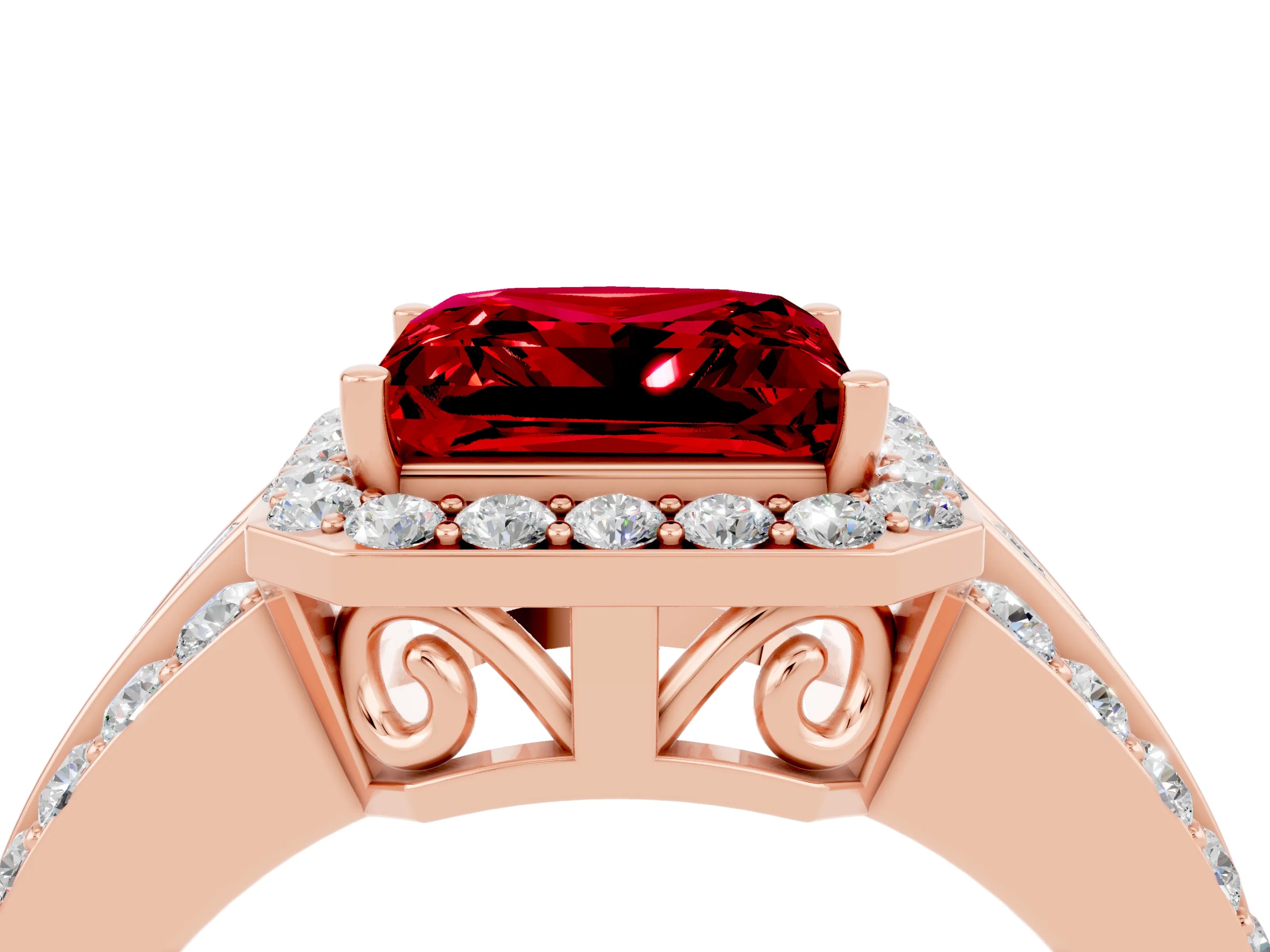 Rose gold Princess Cut Halo Ruby Ring with Split Shank and Four-Prong Setting_4