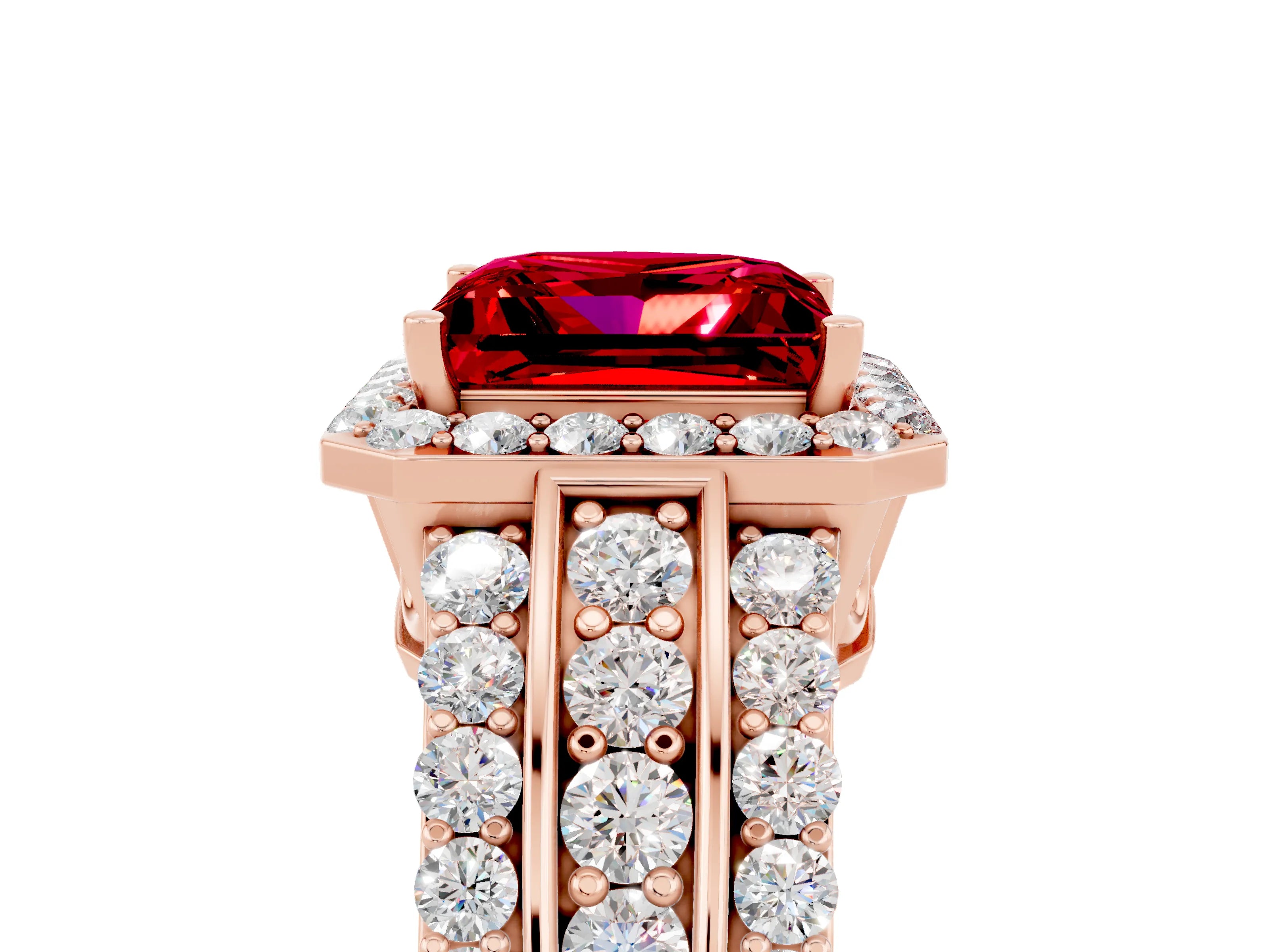 Rose gold Princess Cut Halo Ruby Ring with Split Shank and Four-Prong Setting_5