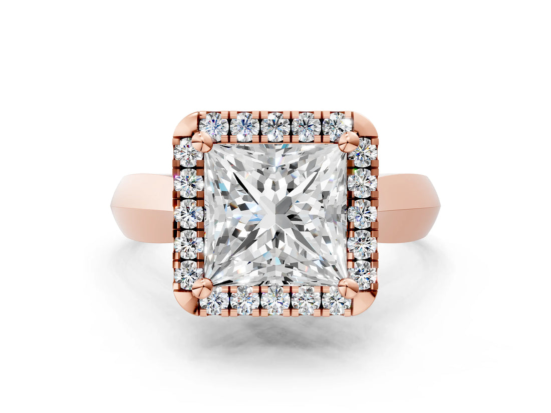 Rose gold Princess Cut Halo Solitaire Engagement Ring with Square Band and Four-Prong Setting_90