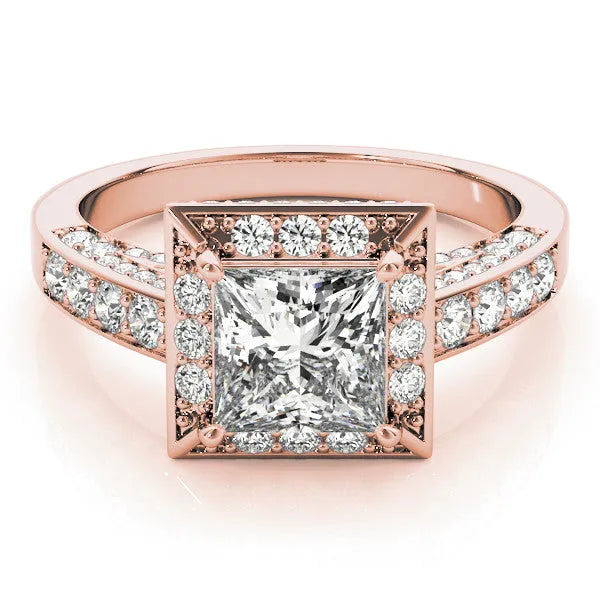 Rose gold Princess Cut Halo Split Shank Engagement Ring with Four-Prong Setting