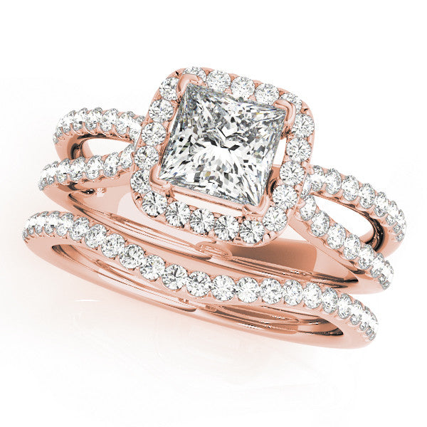 Rose gold Princess Cut Halo Split Shank Pave Set Ring 1