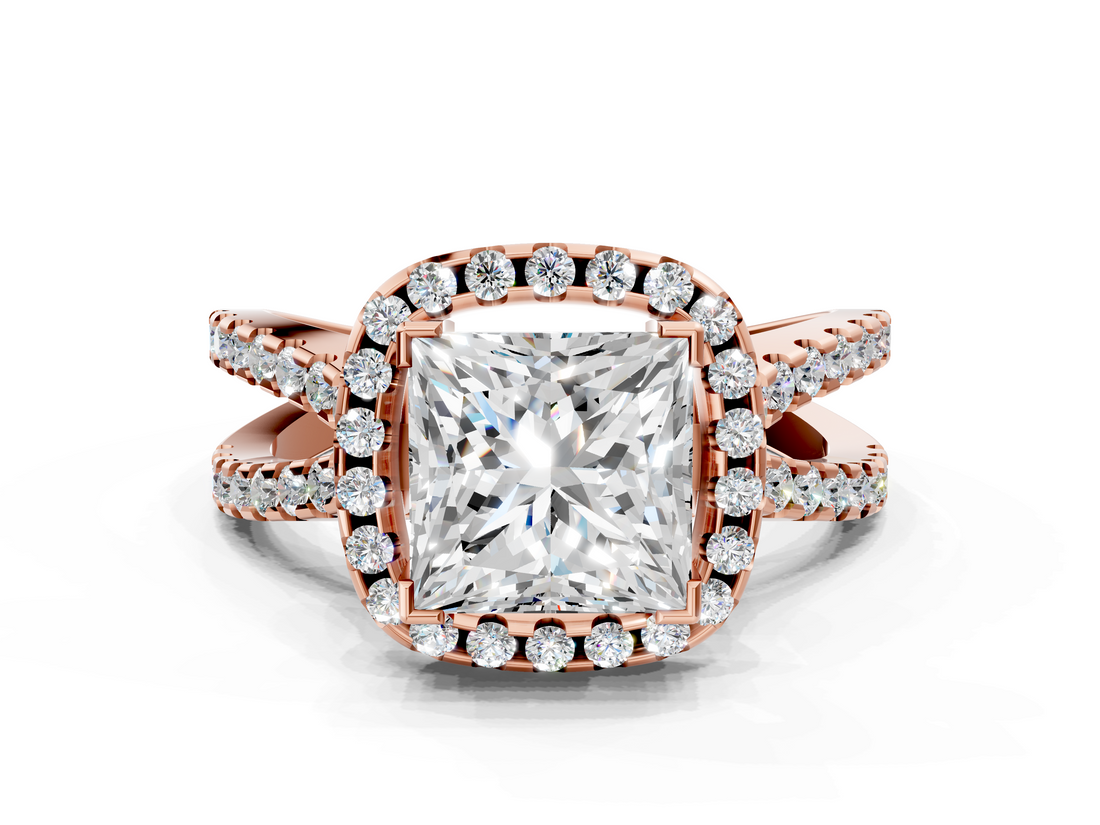 Rose gold Princess Cut Halo Split Shank Pave Set Ring_87