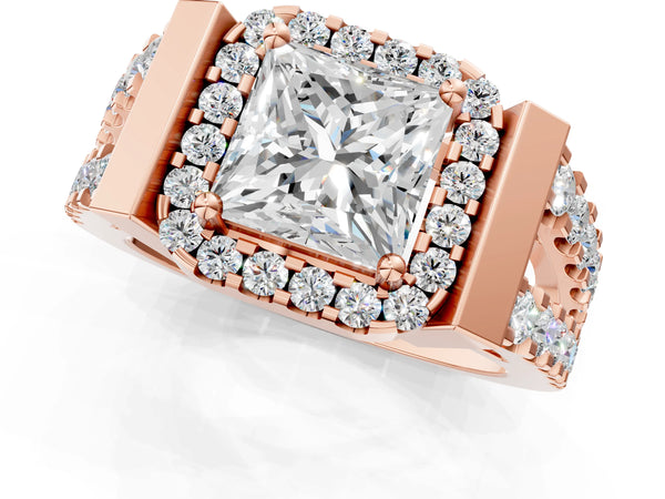 Rose Gold Princess Cut Halo Engagement Ring Setting with Bar Shoulders