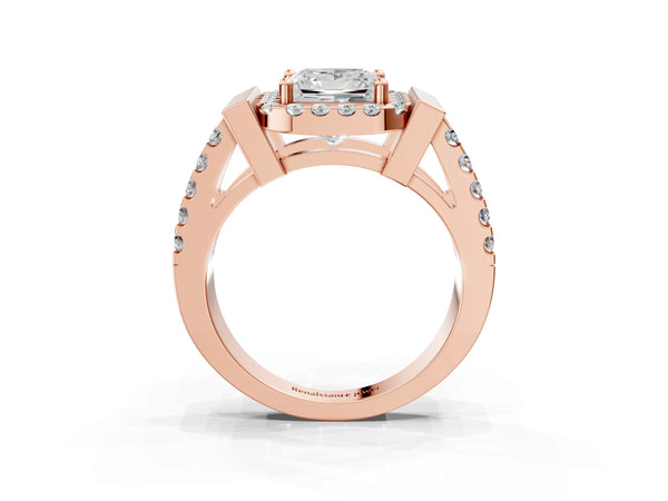 Rose Gold Princess Cut Halo Engagement Ring Setting with Bar Shoulders