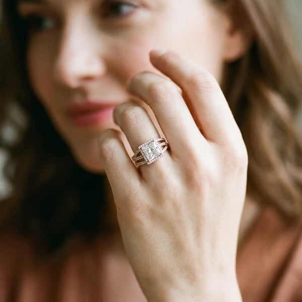 Rose gold Princess Cut Halo Split Shank Prong Setting Ring
