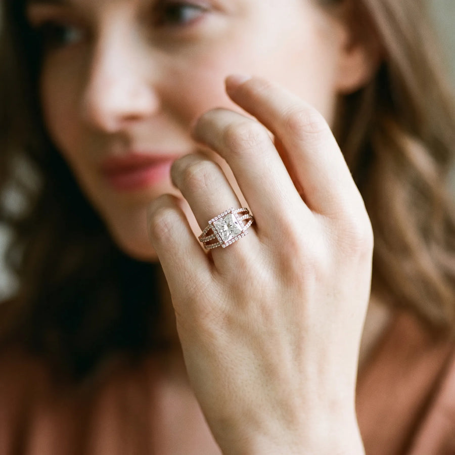 Rose gold Princess Cut Halo Split Shank Prong Setting Ring