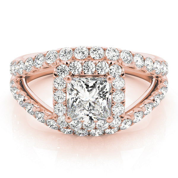 Rose gold Princess Cut Halo Split Shank Ring with Four-Prong Setting 1
