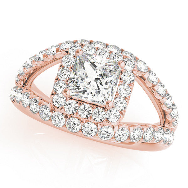 Rose gold Princess Cut Halo Split Shank Ring with Four-Prong Setting