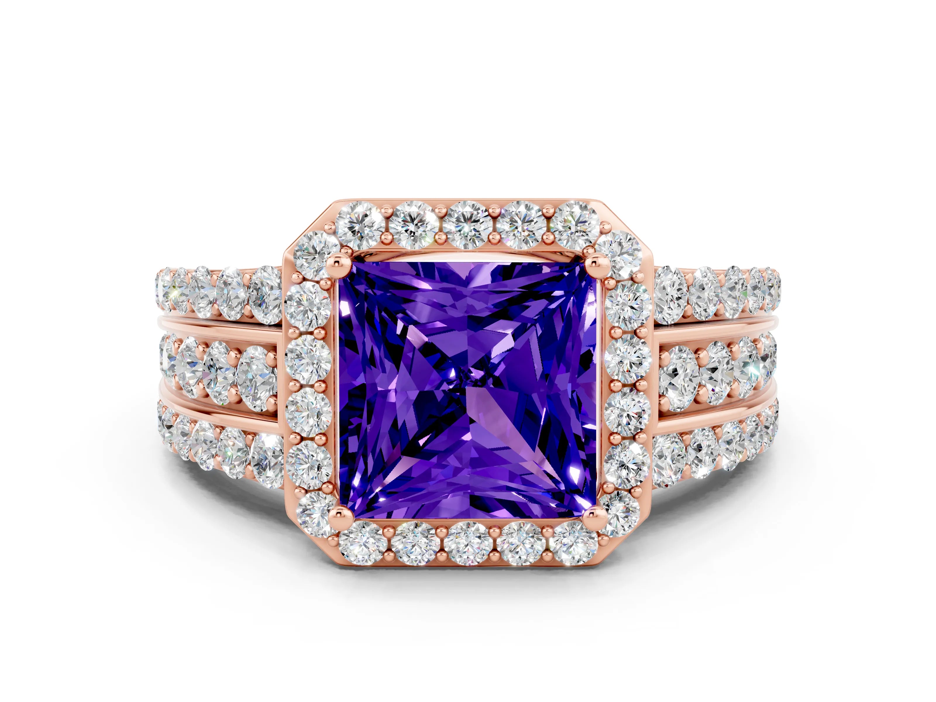 Rose gold Princess Cut Halo Tanzanite Ring with Split Shank and Four-Prong Setting